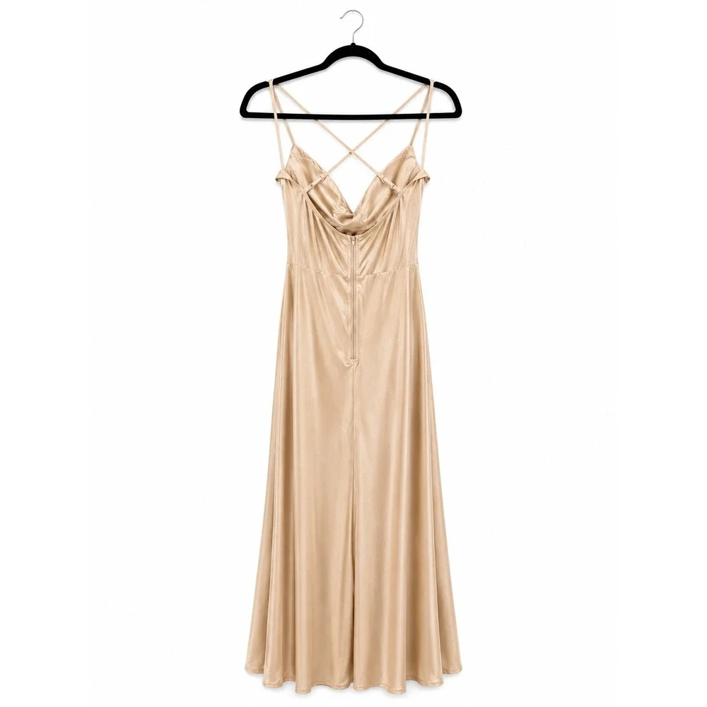 Windsor Champagne Satin Cowl Neck Corset Midi Dress M Cross Back Formal